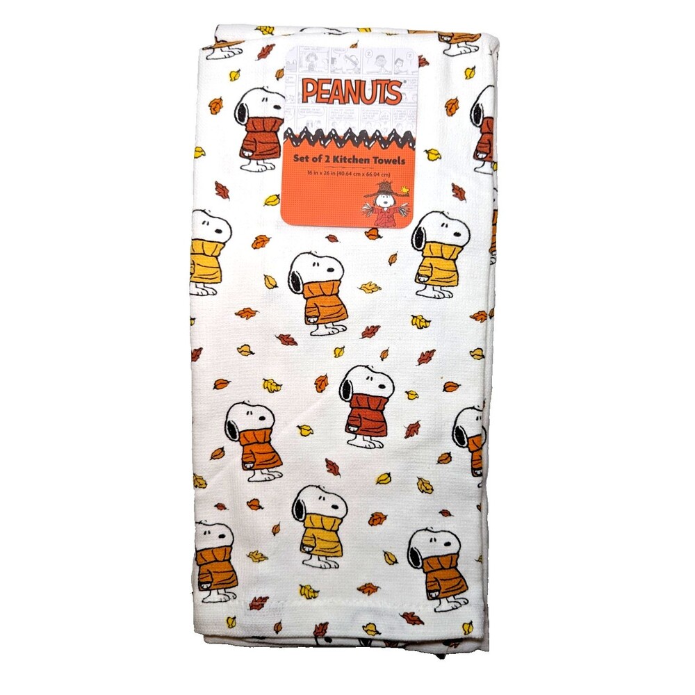 Peanuts Kitchen Towels Snoopy Autumn Puffer Sweater and Falling Leaves 2-pc NEW